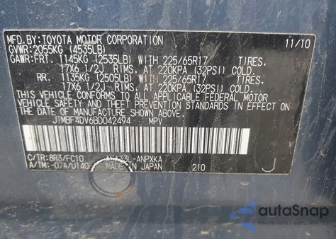 2011 Toyota Rav4 из США, поврежденный, VIN JTMBF4DV6BD042494